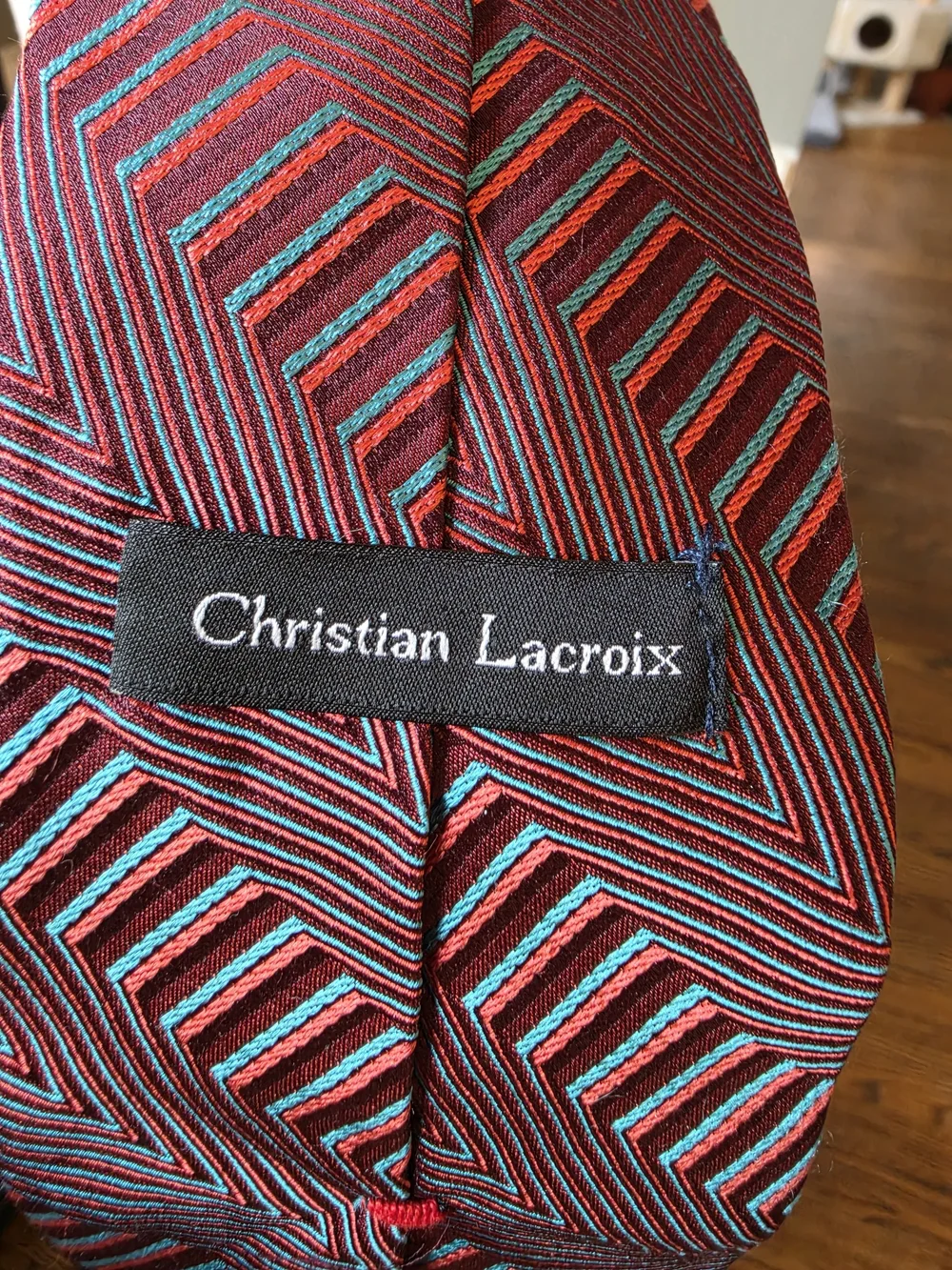 Christian Lacroix Coral Tie with Blue and Black Chevron Stripes